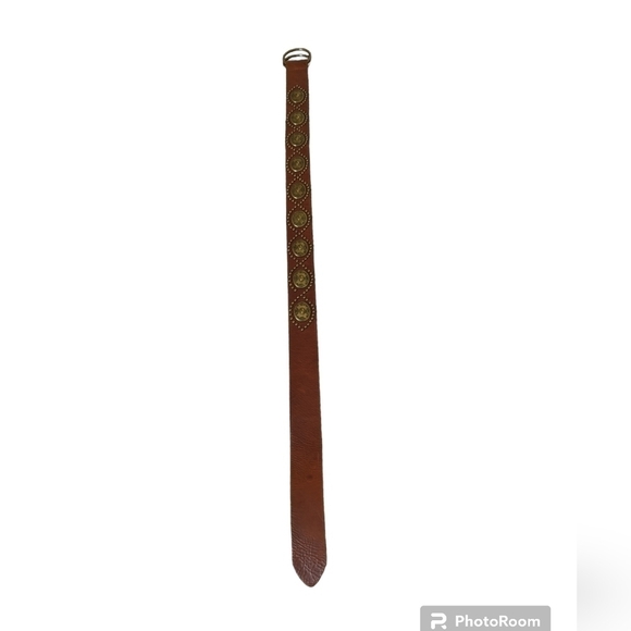 Brown genuine leather belt with brass details sz M - Picture 2 of 8